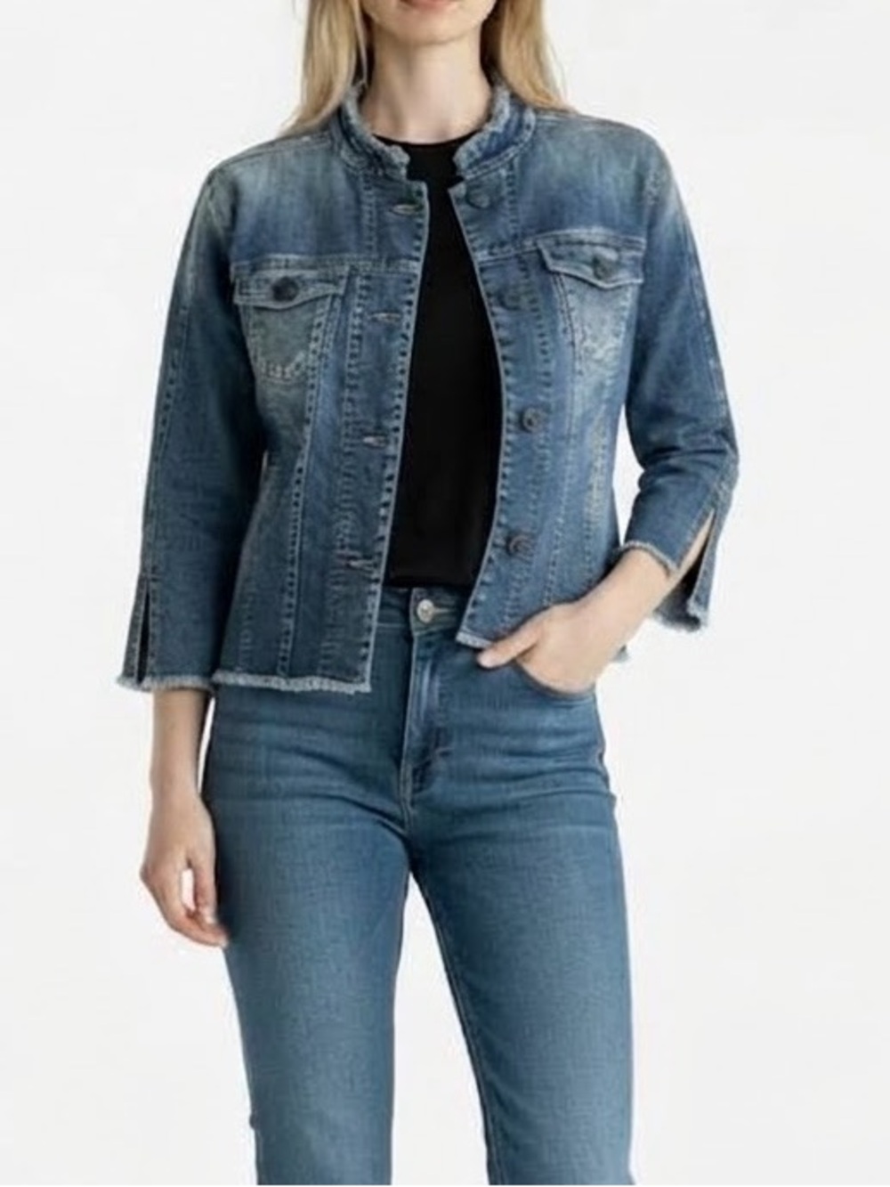 Marc Cain Frayed Mandarin Collar Denim Jacket with Beaded Buttons